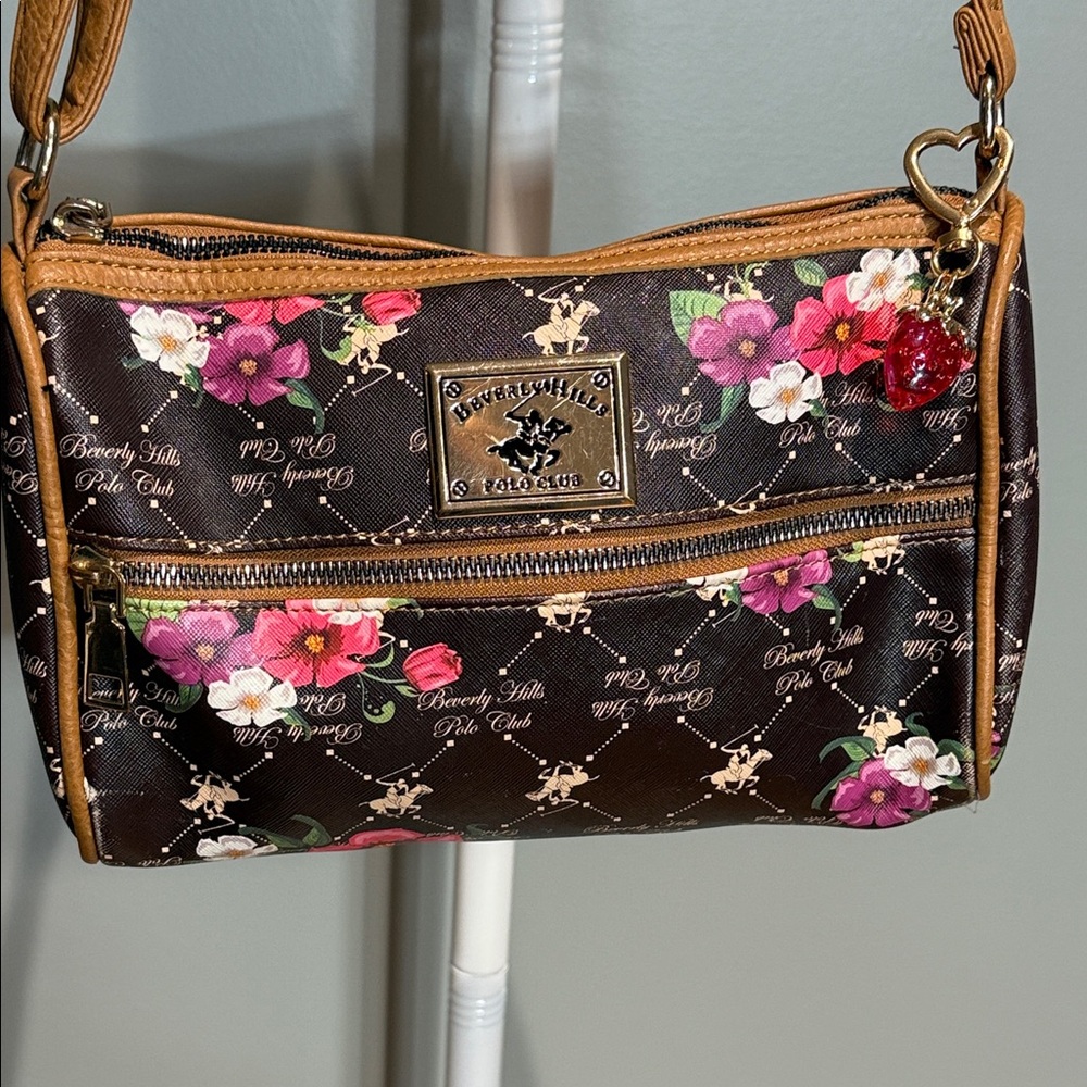 Beverly Hills Polo Club Brown, Pink Floral Shoulder Bag , Strawberry Key charm